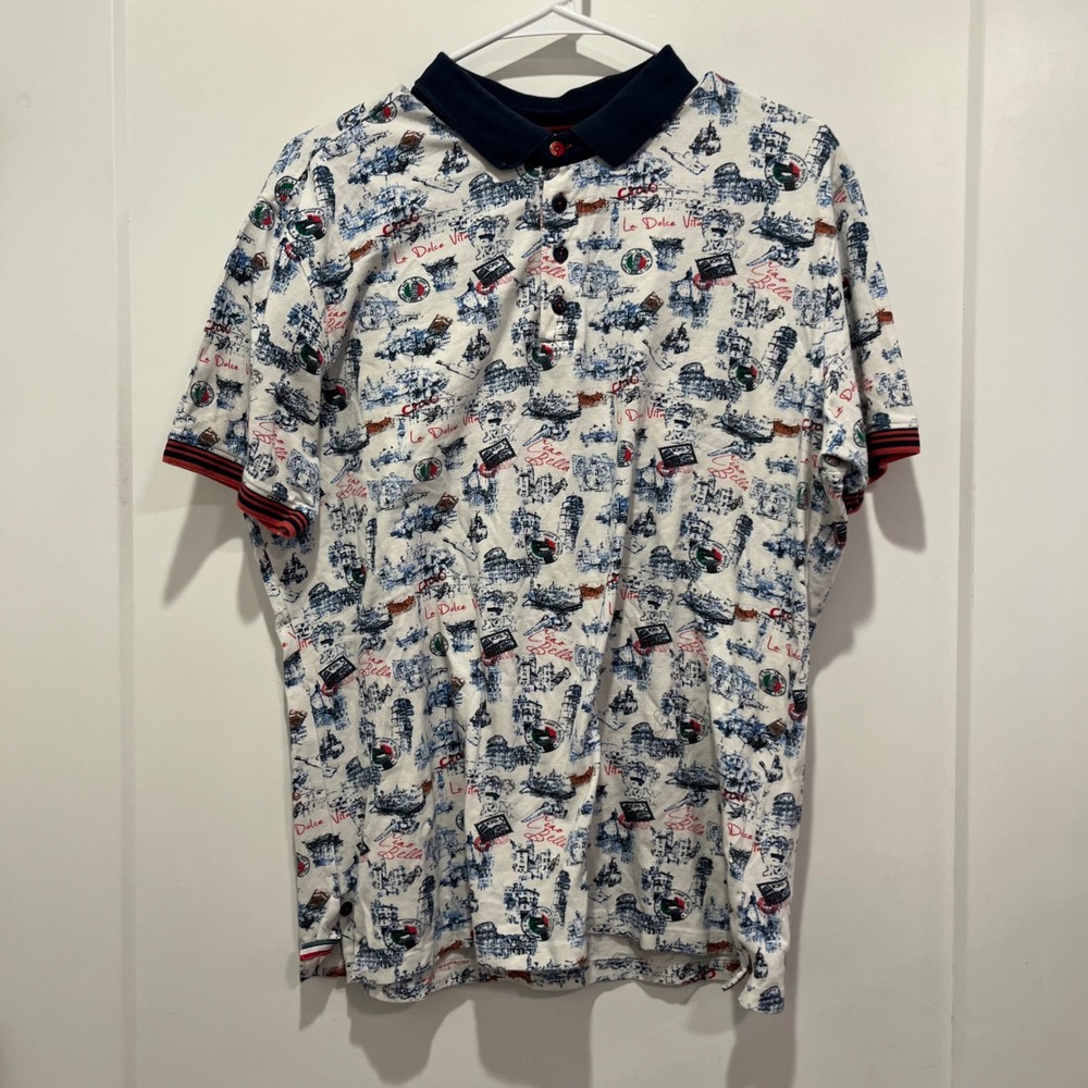 A Fish Named Fred Mens Italy Print Polo Shirt White Blue La Dolce Vita Large